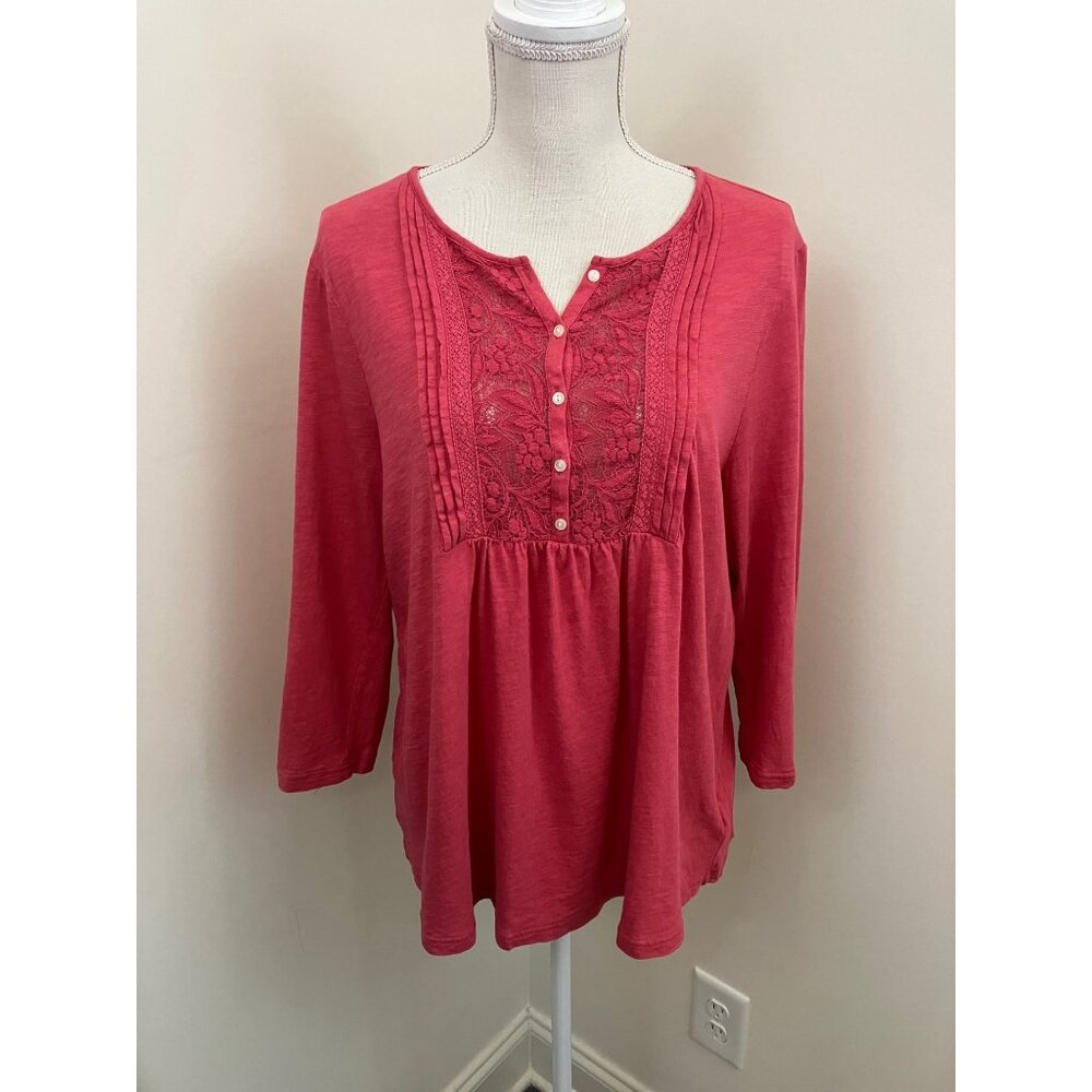 Chaps Denim Red Embellished Front 3/4 Sleeve Top Size XL